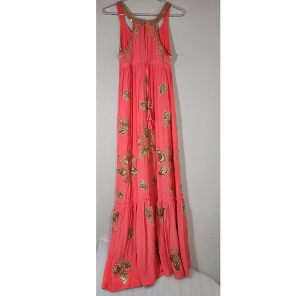 CALYPSO St. Barth Coral & Gold Maxi Dress Embroidered Sequin Sz XS DAMAGED - Picture 10 of 16